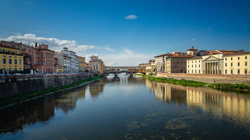 River flowing amidst buildings against sky, ponte vecchio florence italy