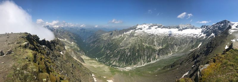 Panoramic view of snowcapped mountains against sky