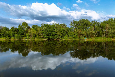 Reflection of trees in lake against sky