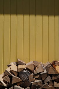 Stack of logs against wall in forest