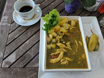 High angle view of food served on table