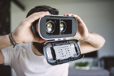 Man wearing virtual reality glasses