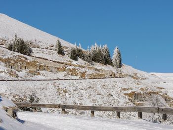 Scenic view of snowcapped mountains against clear blue sky