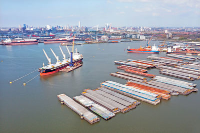 High angle view of boats in harbor