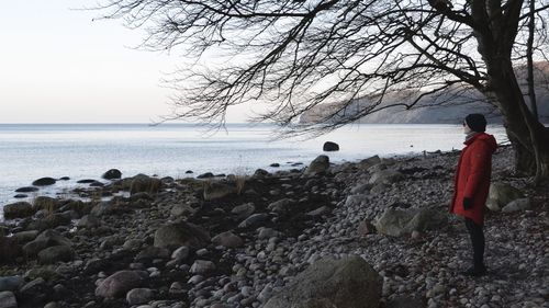 Rear view of man looking at sea shore