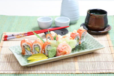 Close-up of sushi served on table