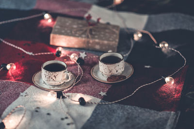 High angle view of tea cup on table