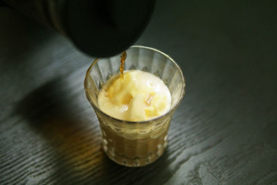 High angle view of ice cream in bowl on table