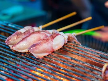 Close-up of squid on barbecue grill