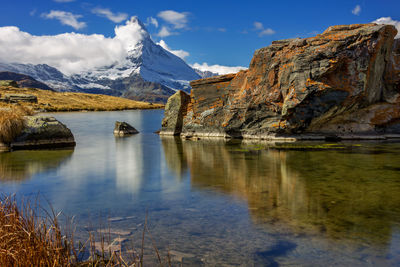 Scenic view of lake and mountains against sky