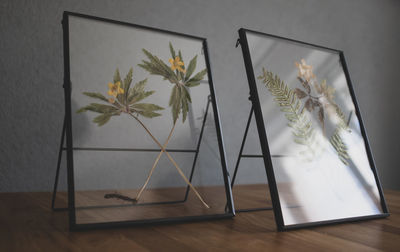 Potted plants on table against wall