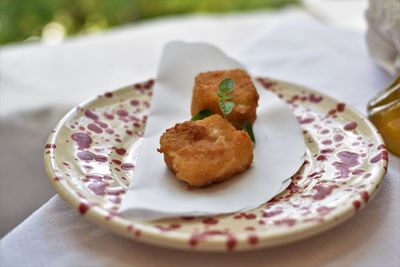 Close-up of dessert in plate on table