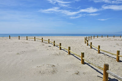 Scenic view of beach against blue sky