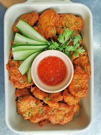 High angle view of food served in plate