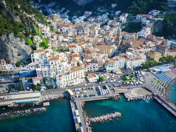 Aerial view of the cathedral and the city of amalfi, italy