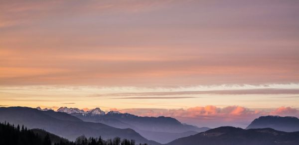 Scenic view of mountains against sky at sunset