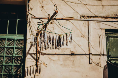 Low angle view of clothes hanging on wall of building