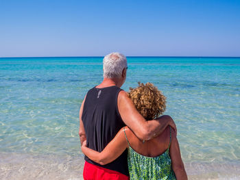 Rear view of man looking at sea against clear sky