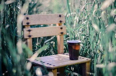 Close-up of empty coffee on table in yard