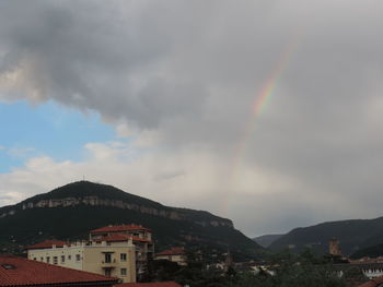 Low angle view of rainbow over townscape against sky