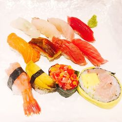 High angle view of sushi in plate