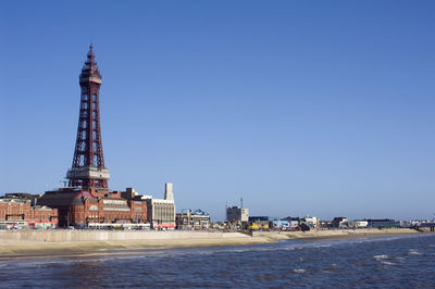 View of built structures against clear sky