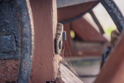 Close-up of rusty metal on wood