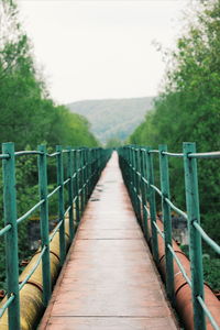 Footbridge amidst trees against sky