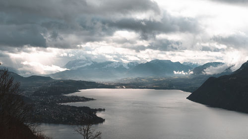 Scenic view of lake and mountains against sky