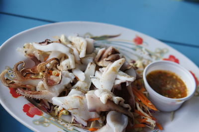 Close-up of noodles in plate on table