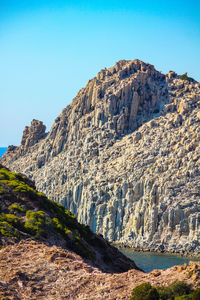 Panoramic view of rocky mountains against clear sky