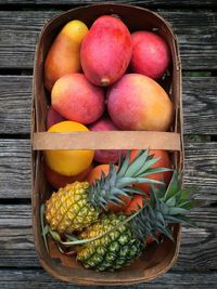 Directly above shot of fruits in basket on table