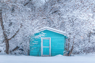 Bare trees on snow covered land against building