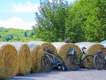 Bicycles on field by trees against sky