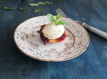 High angle view of dessert in plate on table