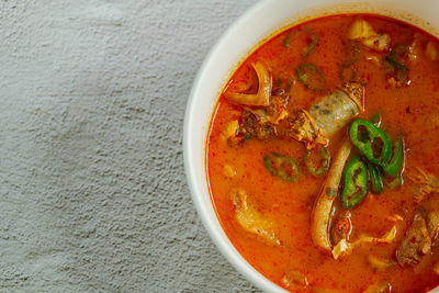 High angle view of soup in bowl on table