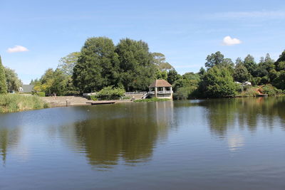 Scenic view of lake by trees against sky