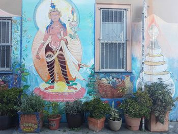 Potted plants outside temple against building