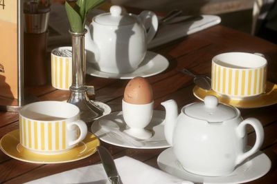 Breakfast on table during sunny day