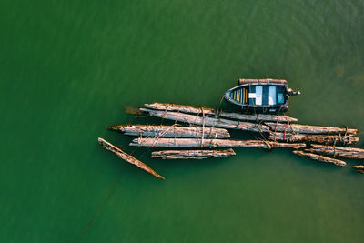 High angle view of ship moored on sea