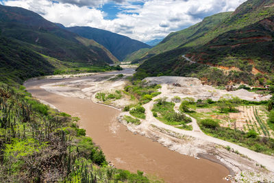 Scenic view of river by mountains against sky