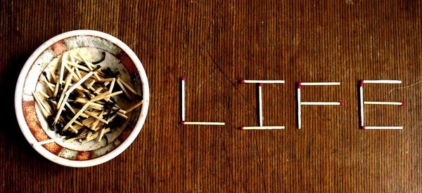 High angle view of text on wooden table