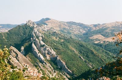 High angle view of mountains against clear sky