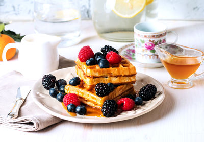 High angle view of breakfast on table