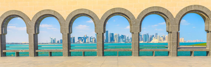 Cityscape and sea seen through arch