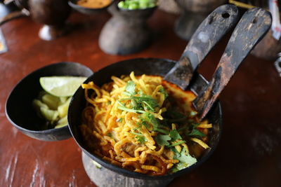 High angle view of food in bowl on table