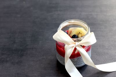 High angle view of food in jar on table