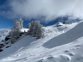 Scenic view of snow covered mountains against sky