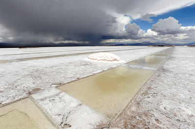 Scenic view of salt basin against cloudy sky