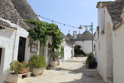 Alley amidst houses in town against sky